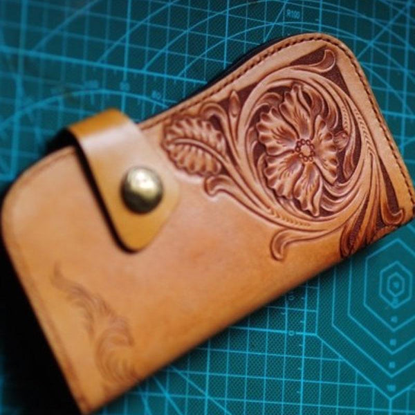 Handmade Mens Tooled Floral Leather Long Biker Wallet Cool Long Chain Wallet for Men