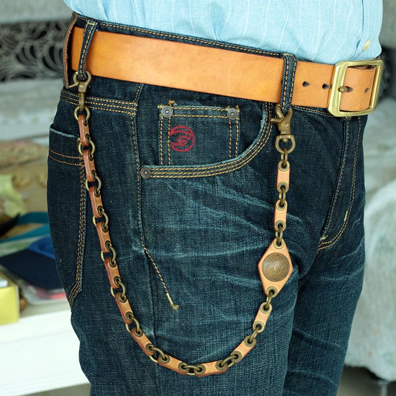 Cool Men's Handmade Leather Brass Pants Chains Biker Wallet Chains For Men