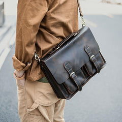 Vintage Dark Brown Mens Leather Briefcase Work Handbag Dark Coffee 14'' Computer Briefcase For Men - imessengerbags