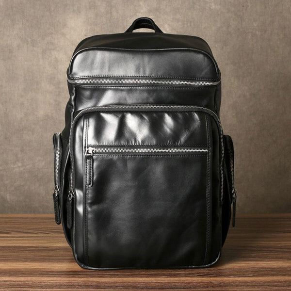Genuine Leather Mens Cool Backpack Sling Bag Large Black Travel Bag Hiking Bag for men - imessengerbags