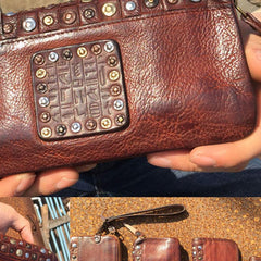 Handmade Genuine Rock Punk Leather Mens Cool Long Wallet Wristlet Bifold Clutch Wallet for Men