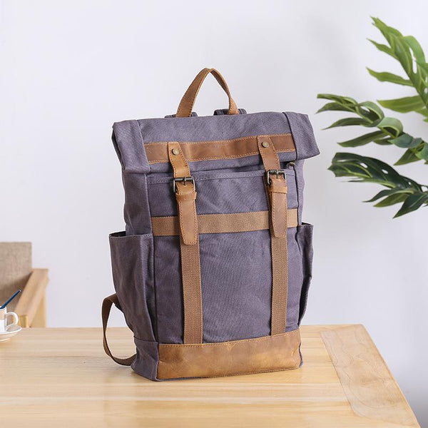 Waxed Canvas Leather Mens 15‘’ Gray College Backpack Travel Backpack Hiking Backpack for Men - imessengerbags