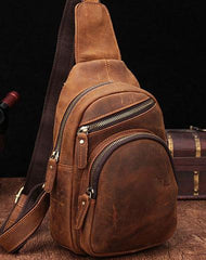 Cool Vintage Brown Leather Chest Bag Sling Bags Crossbody Sling Bag One Shoulder Backpack For Men - imessengerbags