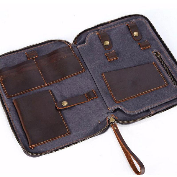 Cool Waxed Canvas Leather Mens Wristlet Bag Work Clutch Zipper Bag for Men - imessengerbags