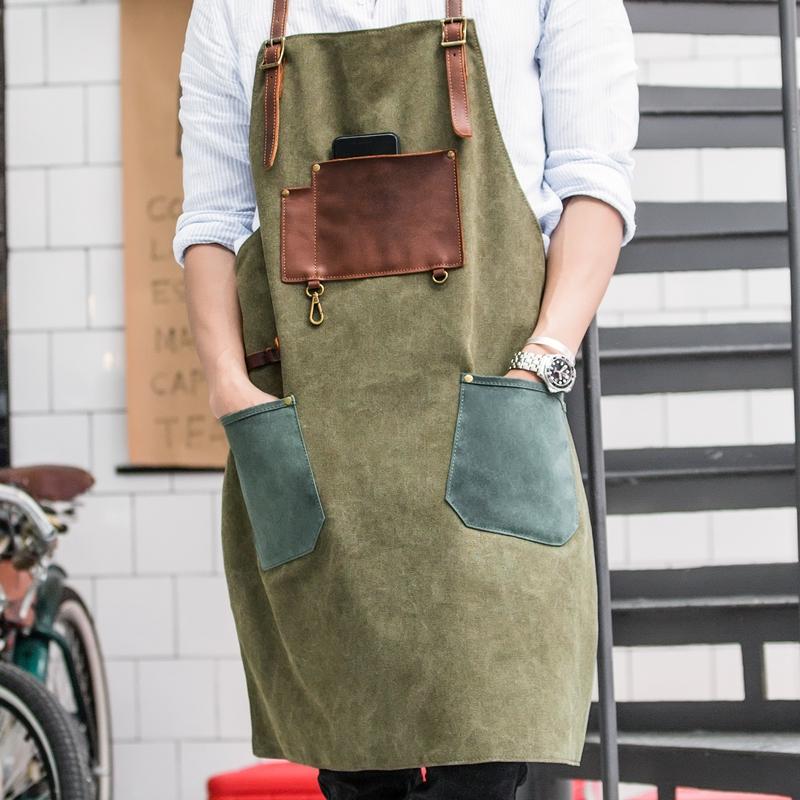 Vintage Canvas Leather Mens Womens Gray Craftsman Apron Cafe Staff Apron Work Apron for Men - imessengerbags