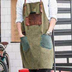 Vintage Canvas Leather Mens Womens Gray Craftsman Apron Cafe Staff Apron Work Apron for Men - imessengerbags