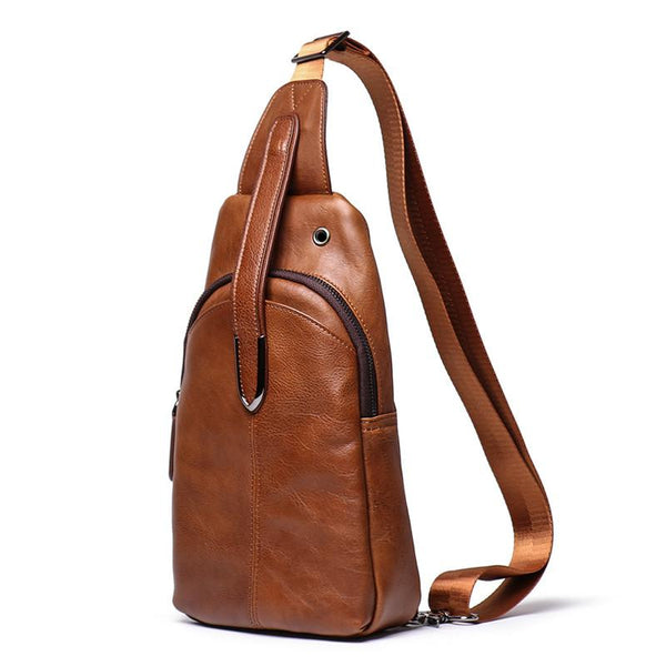 Top Brown Leather Men's Sling Bag Sling Pack Chest Bag One Shoulder Backpack For Men - imessengerbags