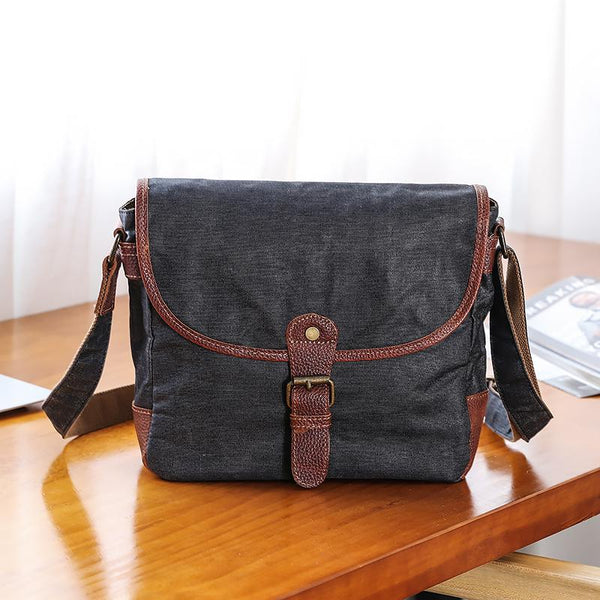 Canvas Mens Small Side Bag 10'' Courier Bag Black Postman Bag Messenger Bag for Men