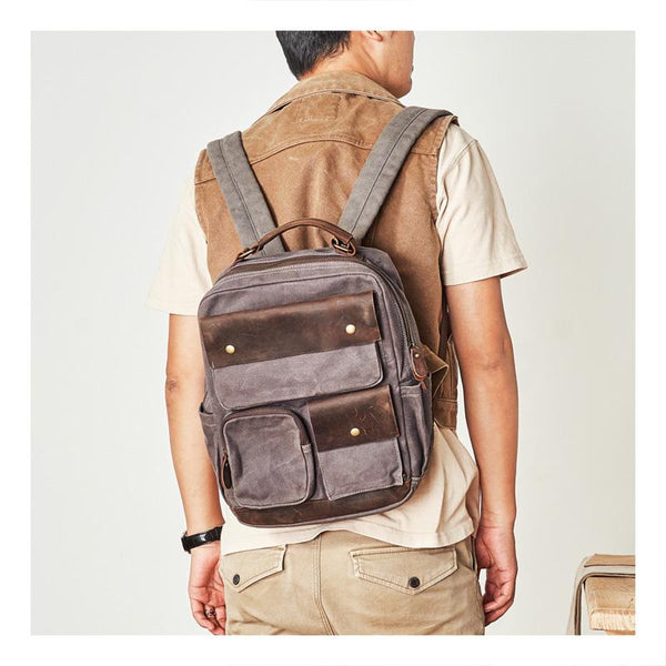 Waxed Canvas Leather Mens Backpack 14 inches Canvas Travel Backpack Canvas Computer Backpack for Men