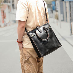 Vintage Dark Tan Mens Leather Vertical Briefcase Work Handbag Tote Brown 13'' Computer Briefcases For Men - imessengerbags