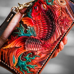 Handmade Leather Tooled Carp Mens Chain Biker Wallet Cool Leather Wallet Long Phone Wallets for Men