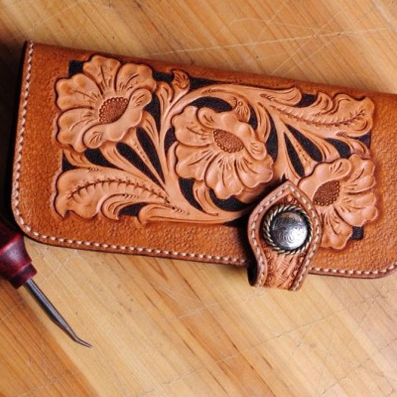 Handmade Tooled Red Leather Floral Biker Chain Wallet Mens Long