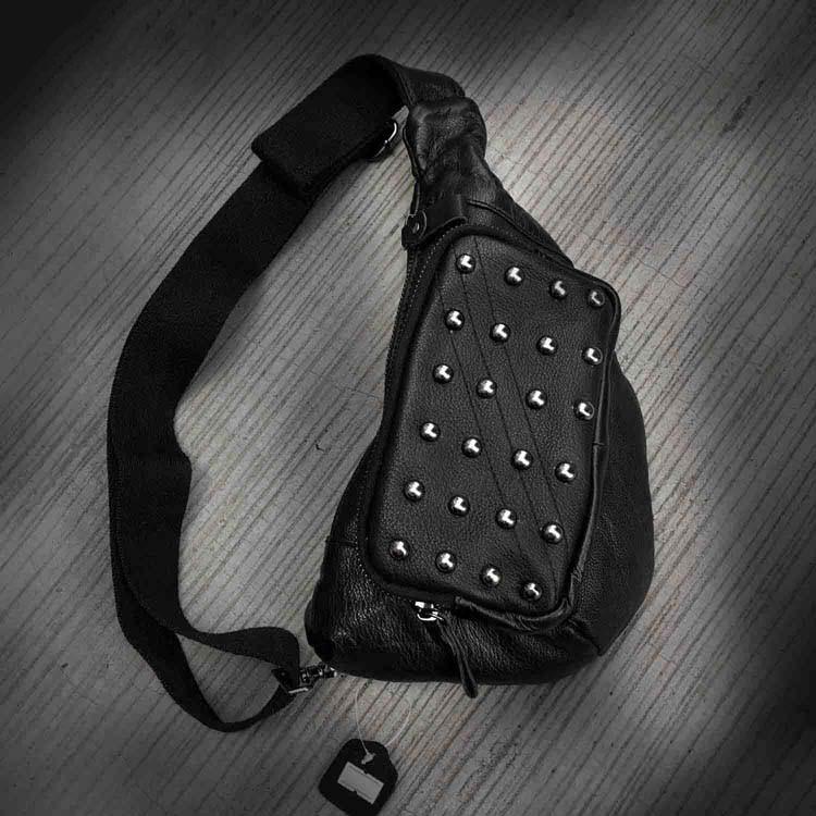 Badass Black Leather Men's Sling Bag Punk Chest Bag Rivet One shoulder Backpack Phone Bag For Men - imessengerbags