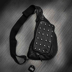 Badass Black Leather Men's Sling Bag Punk Chest Bag Rivet One shoulder Backpack Phone Bag For Men - imessengerbags