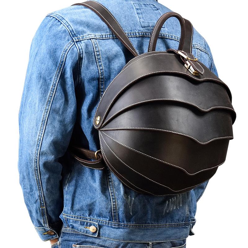 Dark Coffee Beetle Style Leather Men's Unique Backpack Hemisphere Travel Backpack College Backpack For Men