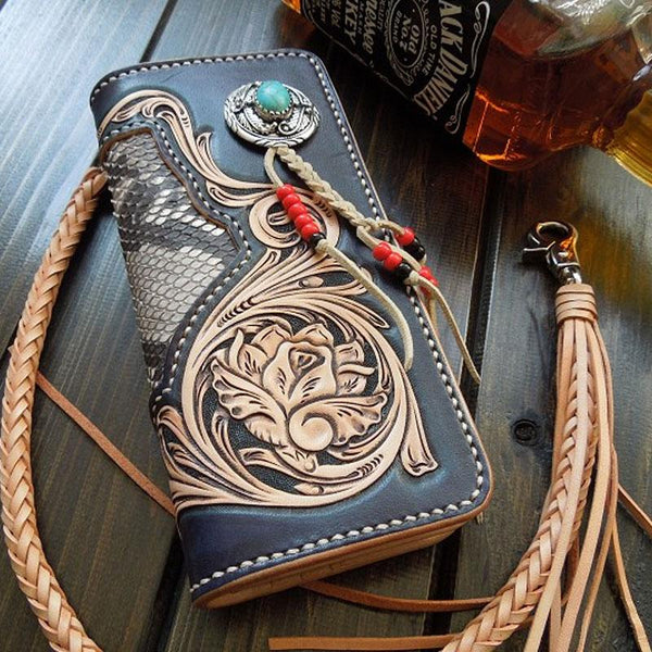 Handmade Leather Tooled Floral Mens Clutch Wallet Cool Wallet Long Wallets for Men - imessengerbags