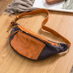 Canvas Leather Mens Sling Bag Dark Gray Chest Bag One Shoulder Backpack for Men