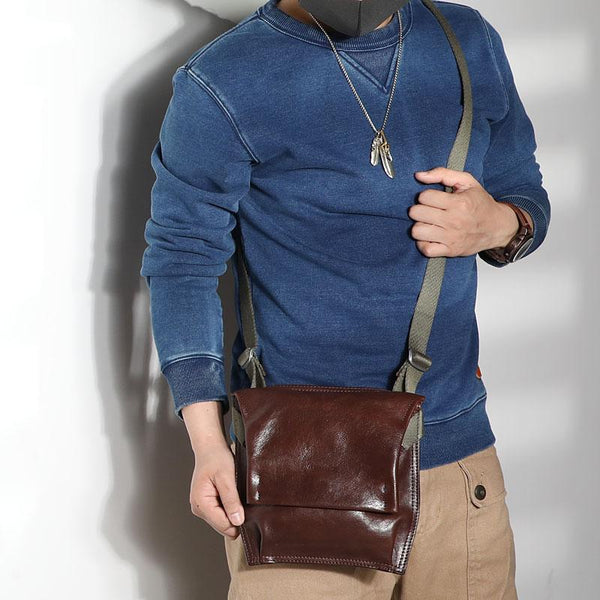 Casual Black Leather Mens Vertical Side Bag Messenger Bag Cool Brown Postman Bag Courier Bag for Men - imessengerbags