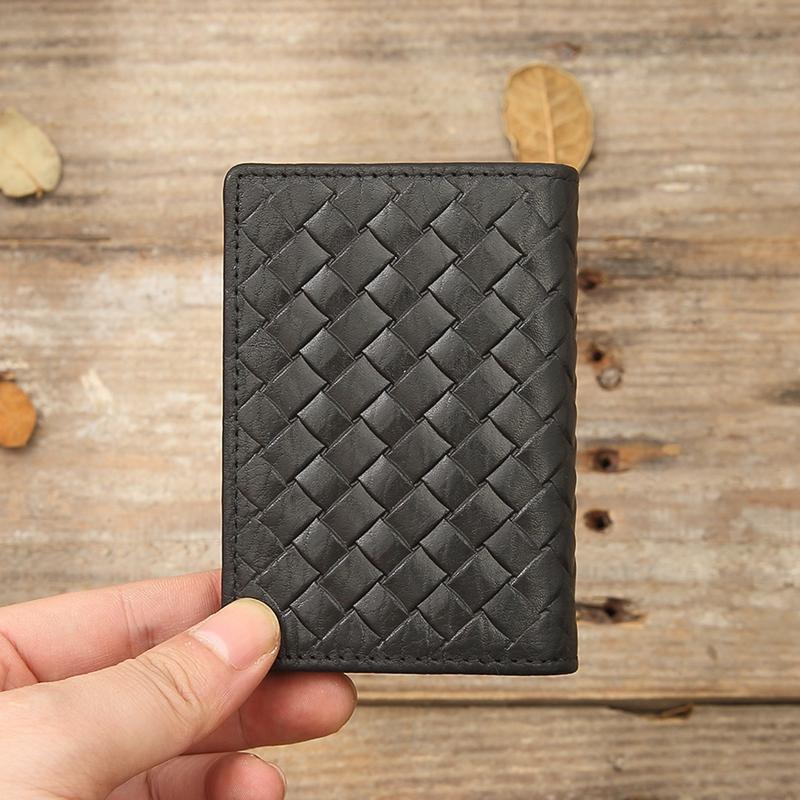 Black Braided Leather Mens Small Wallets Bifold Slim Front Pocket Wallet Card Holder for Men - imessengerbags