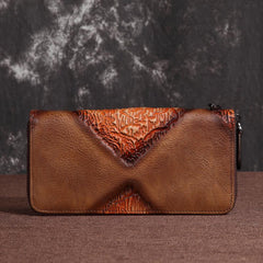 Brown Vintage Wallet Leather Mens Womens Tooled Long Wallet Zipper Black Clutch Wallet For Men - imessengerbags