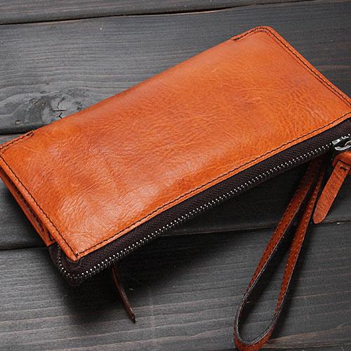 Handmade Leather Mens Cool Long Leather Wallet Zipper Clutch Wristlet Wallet for Men - imessengerbags