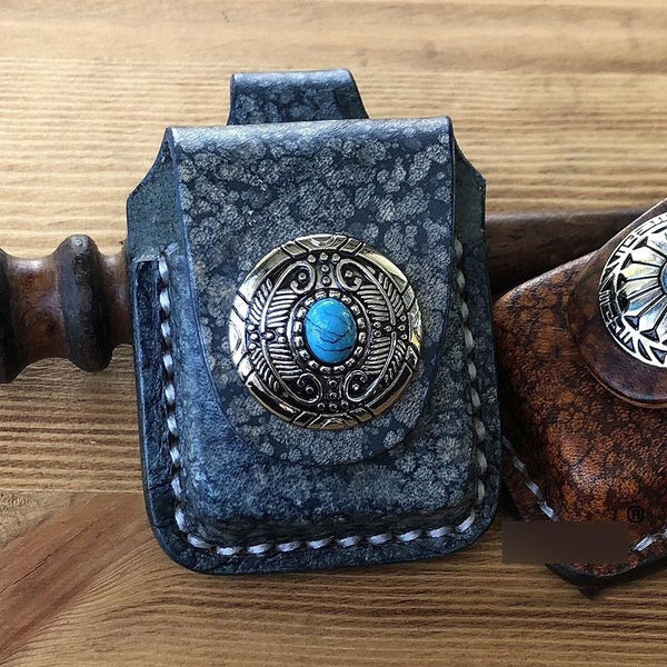 Handmade Mens Blue Leather Classic Zippo Lighter Case Belt Zippo Lighter Holder with Belt Loop