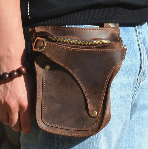Cool Brown Leather Men's Belt Bag Waist Bag Motorcycle Bag Belt Pouch For Men - imessengerbags