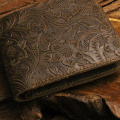 Handmade Leather Floral Mens Cool Slim Leather Wallet Men billfold Wallets Bifold for Men - imessengerbags