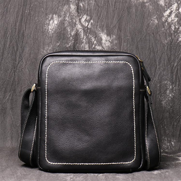 Black Cool Leather 10 inches Small Zipper Messenger Bag Vertical Shoulder Bag Dark Brown Side Bag For Men