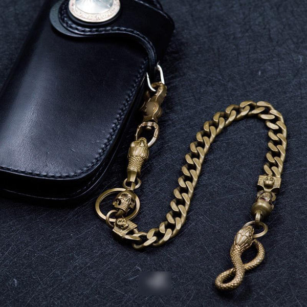 Cool Men's Handmade Pure Brass Python Head Key Chain Pants Chains Biker Wallet Chain For Men