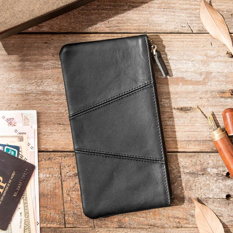 Cool Black Leather Mens Slim Long Zipper Clutch Wallet Long Wallet Phone Bag for Men - imessengerbags
