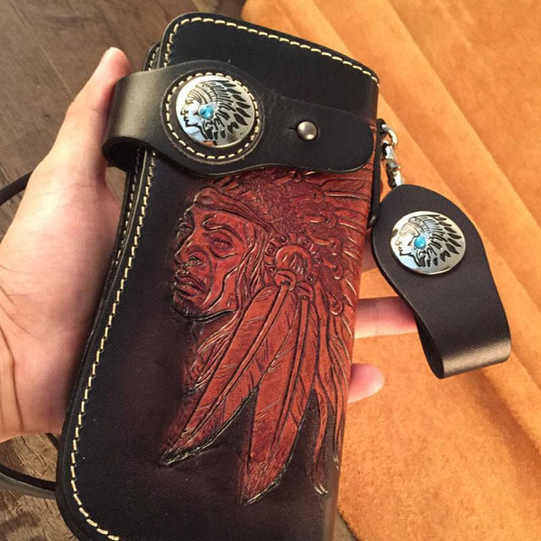 Handmade Leather Tooled Indian Chief Mens Chain Biker Wallet Cool Leather Wallet Long Wallet for Men - imessengerbags