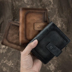 Cool Leather Brown Men's Zipper billfold Small Wallet Bifold Wallet Multi-Card Wallet For Men