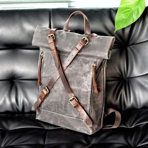 Cool Waxed Canvas Leather Mens 15.6‘’ Black Hiking Backpack Green Travel Backpack for Men - imessengerbags