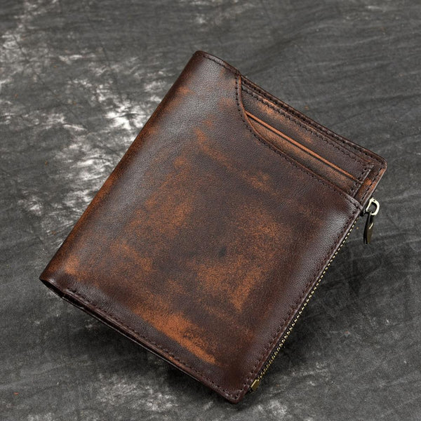 Brown MENS LEATHER Bifold Wallet Short Wallet Card Wallet Dark Brown Coin Wallet FOR MEN