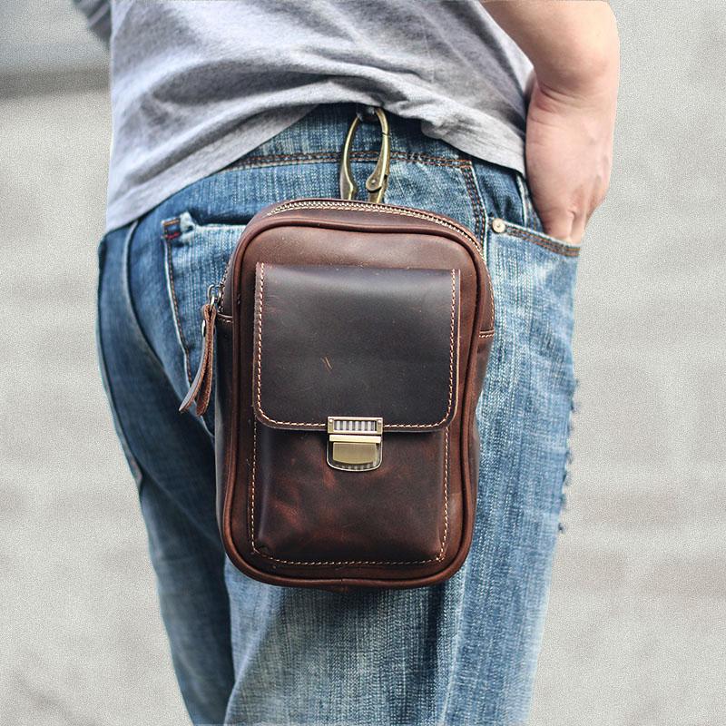 Mens Mini Messenger Bag. Black Leather Shoulder Bag 