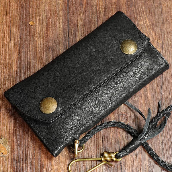 Cool Leather Mens Black Long Chain Wallet Brown Long Trifold Biker Wallet for Men - imessengerbags