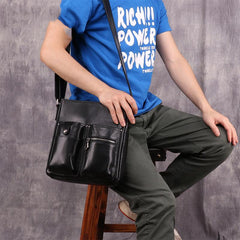 Casual Black LEATHER MENS 8 inches Vertical Messenger bag Black SIDE BAG Shoulder Bag Courier BAG FOR MEN