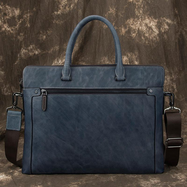 Brown Leather Men 14 inches Vintage Briefcase Handbag Blue Laptop Handbag Messenger Bag For Men - imessengerbags