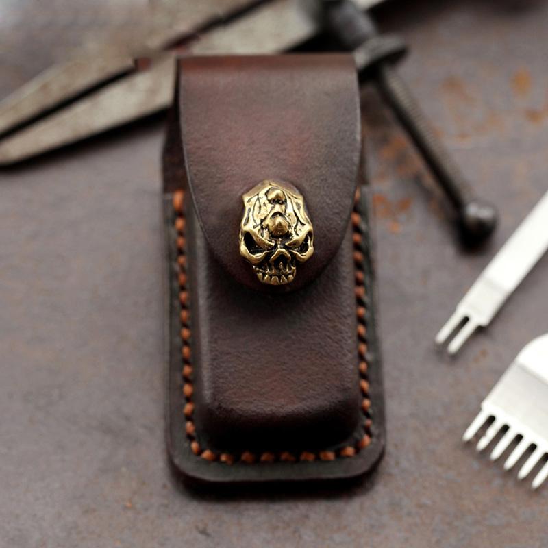 Skull Handmade Leather Mens Dunhill Lighter Case With Belt Loop Cool Dunhill Lighter Holders For Men