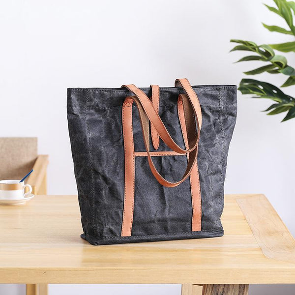 Waxed Leather Mens Womens Black 14'' Waterproof Tote Bag Handbag Tote Bag Shoulder Bag Tote Purse For Men - imessengerbags
