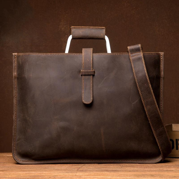 Cool Dark Brown Leather Mens 12 inches Briefcase Laptop Bag Business Side Bags Work Bag for Men - imessengerbags