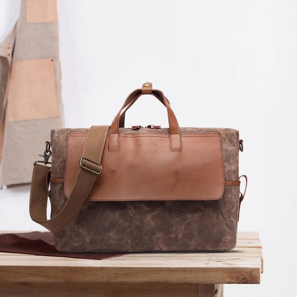 Mens Canvas Leather Briefcase Handbag Laptop Bag Business Bag for Men - imessengerbags