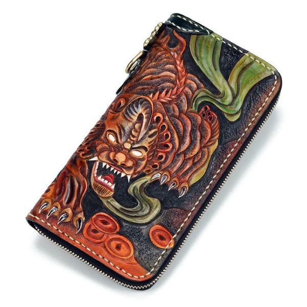 Handmade Leather Fortune Pixiu Mens Chain Biker Wallet Cool Leather Wallet With Chain Wallets for Men - imessengerbags