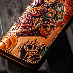 Handmade Leather Tooled Mahākāla Mens Zipper Wallet Cool Leather Wristlet Wallet for Men
