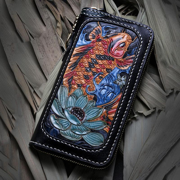 Handmade Leather Carp Mens Chain Biker Wallet Cool Leather Wallet Long Phone Wallets for Men - imessengerbags