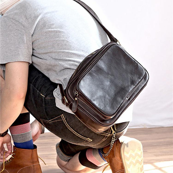 Black Leather Mens Casual Small Courier Bags Messenger Bag Dark Coffee Postman Bags For Men - imessengerbags