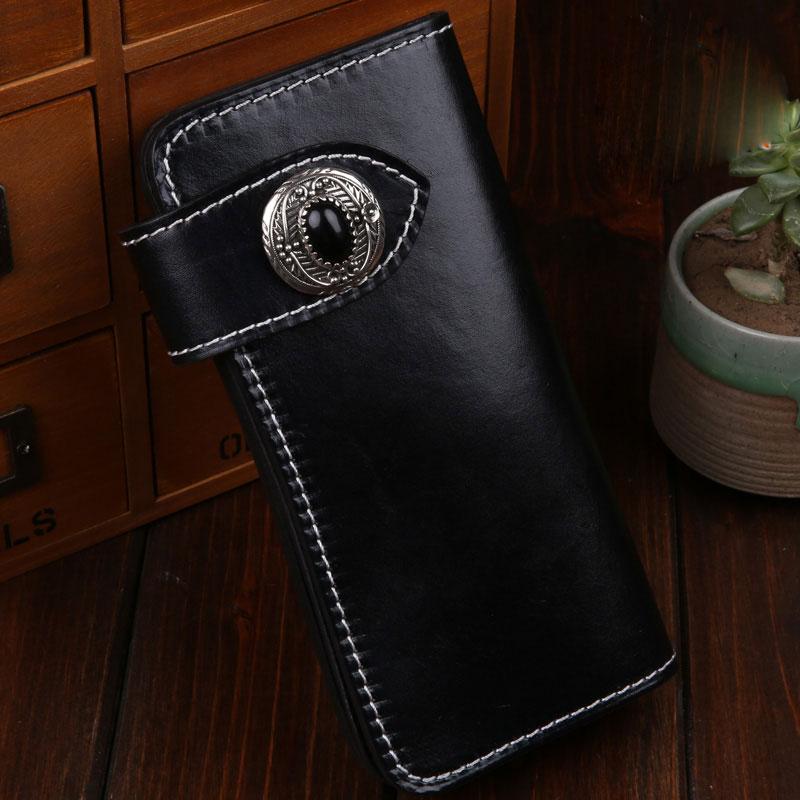 Handmade Leather Mens Cool Black Obsidian Chain Wallet Biker Trucker Wallet with Chain - imessengerbags