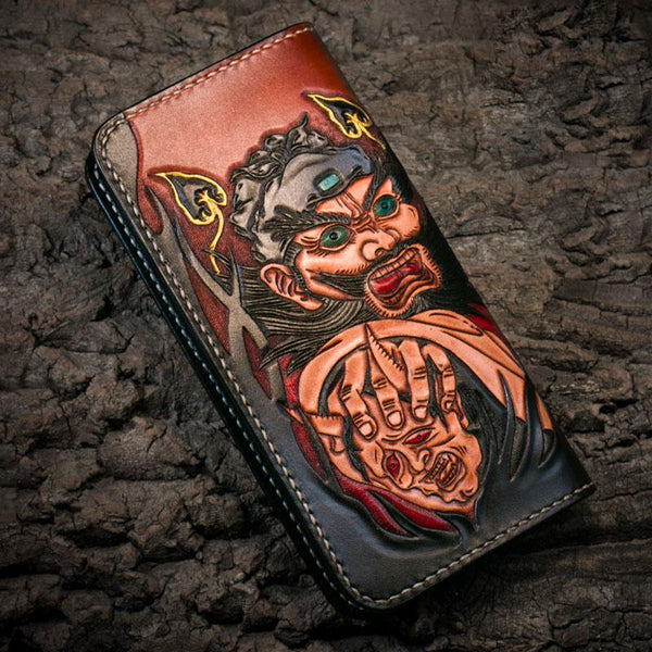Handmade Leather Mens Clutch Wallet Tooled Cool Zhong Kui Wallet Long Zipper Wallets for Men - imessengerbags