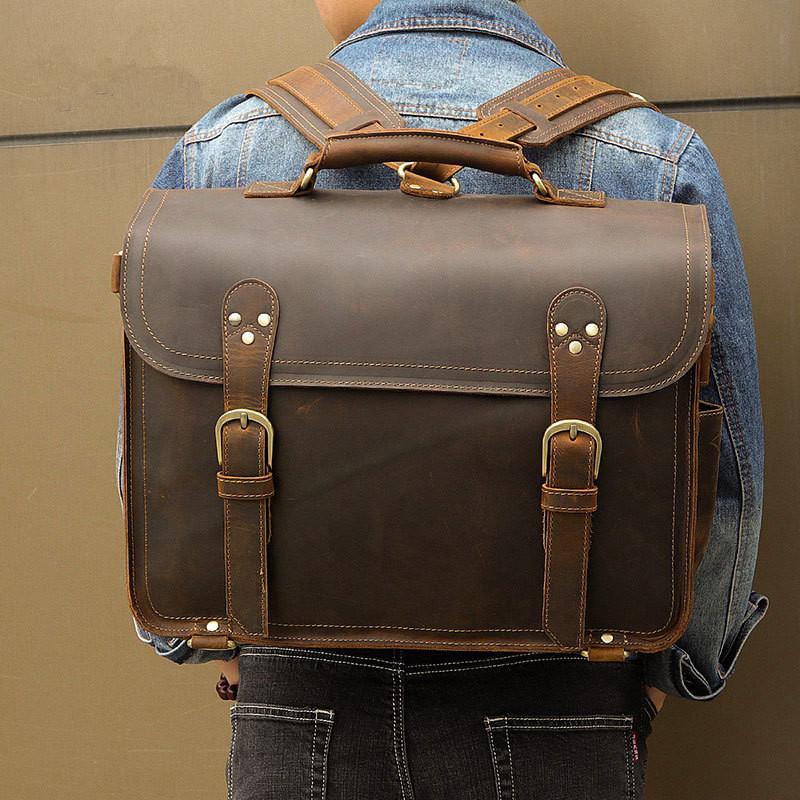 Cool Brown Leather Men's Large 16‘’ Briefcase Business Backpack Travel Handbag For Men